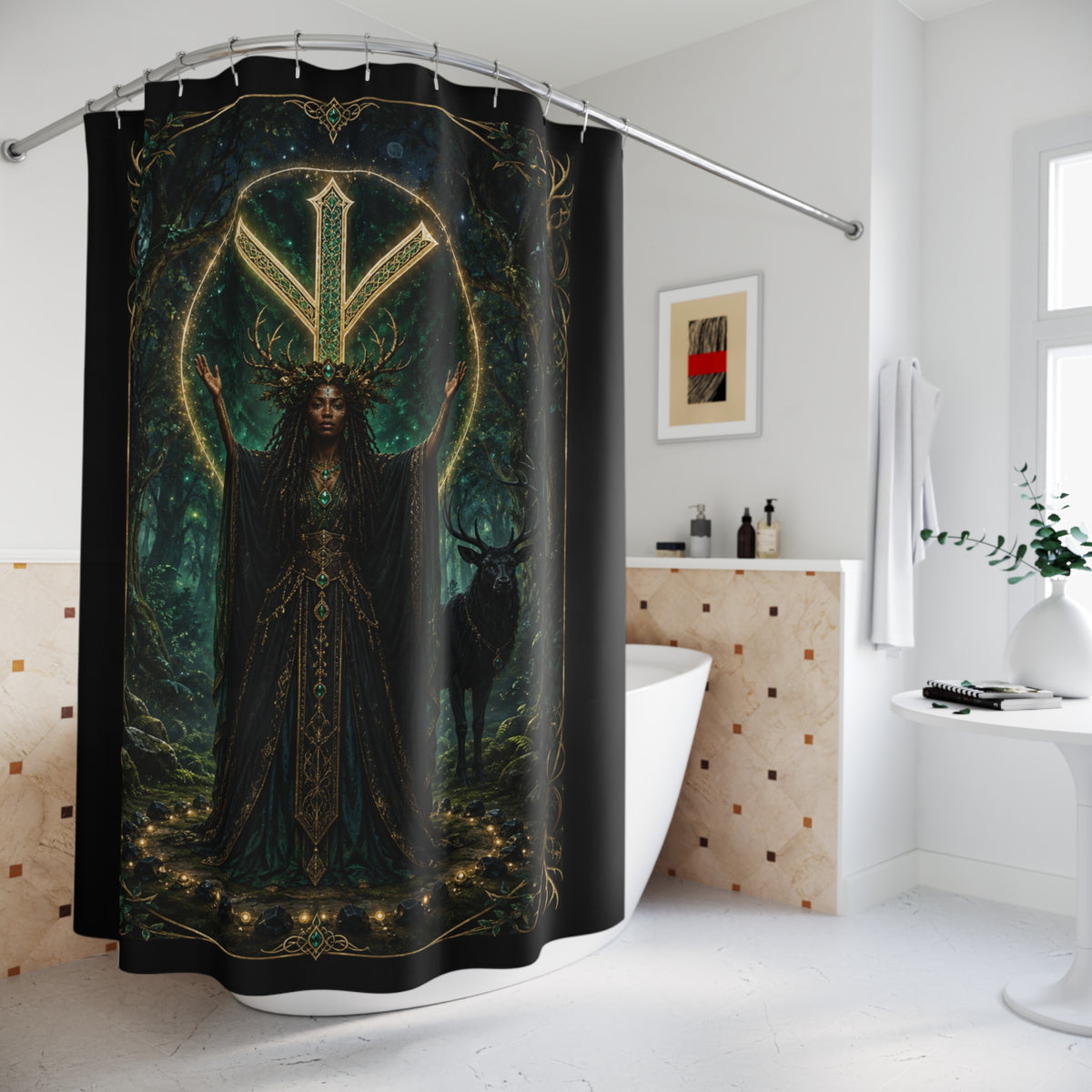 The Forest Guardian — Algiz Protection Shower Curtain